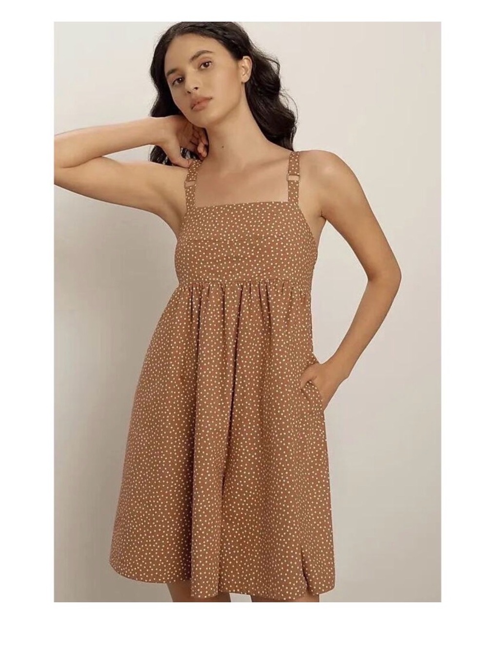 Maeve Camel Polka Dot Sundress with Square Neck